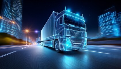 wireframe truck travels on city street at night