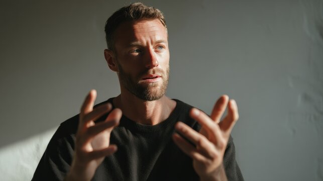 Expressive Man Speaking with Gestures in Soft Studio Lighting