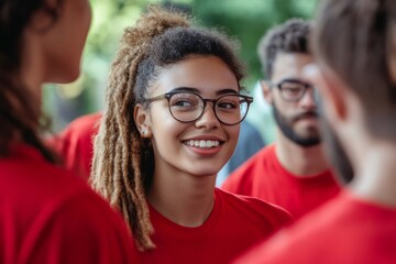 Fototapeta premium Cheerful young woman with dreadlocks and glasses actively participating in a group discussion, wearing a red t shirt
