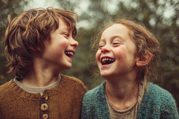 Joyful siblings giggling outside