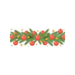 Festive holiday garland with red ornaments and green fir branches for christmas celebration vector