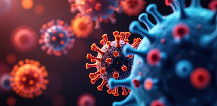 Microscopic view of blue and orange corona virus particles