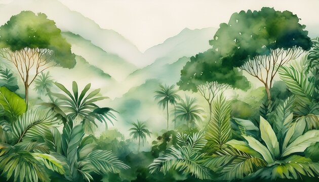 watercolor painting of a green jungle landscape in retro or vintage style watercolor wallpaper pattern lush green rainforest background