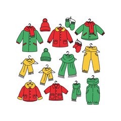 Collection of colorful children winter clothing outfits accessories for cold weather season vector