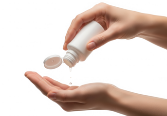 Hand squeezing a small white bottle of liquid sanitizer into palm isolated on transparent background