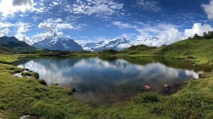 A serene, reflective lake nestled in green hills, with snow-capped mountains in the background