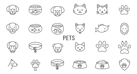 Simple line art of pets and accessories featuring cats, dogs, and fish