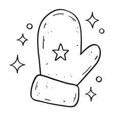 Single mitten with star and sparkles outline illustration, cozy winter glove in black and white cartoon style
