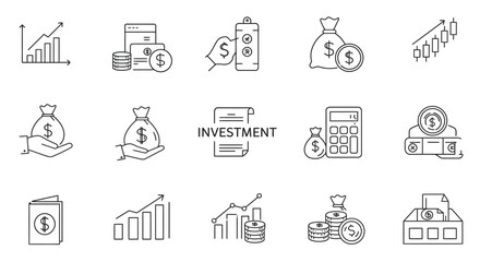 Finance and investment icons: linear style money and growth symbols