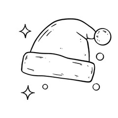 Santa hat with sparkles outline illustration, festive holiday headwear in black and white cartoon style
