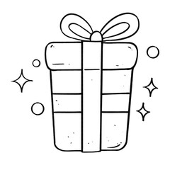 Tall gift box with ribbon and sparkles outline illustration, festive present in black and white cartoon style
