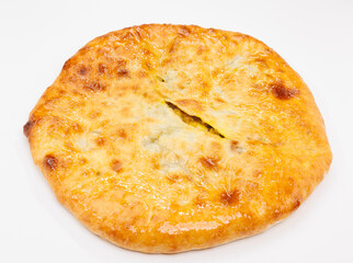 Golden Baked Georgian Kubdari With Flaky Crust And Meat Filling On White Plate