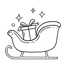 Santa sleigh with gift box outline illustration, festive holiday design in black and white cartoon style
