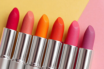 Vibrant lipstick collection shades, perfect for beauty blogging, makeup tutorials, and cosmetic advertising campaigns, offering diverse color palette