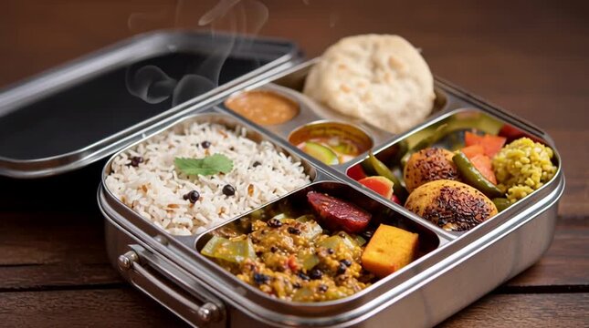 Neatly packed Indian lunch in a modern tiffin box displayed on a wooden table for a fresh dining experience