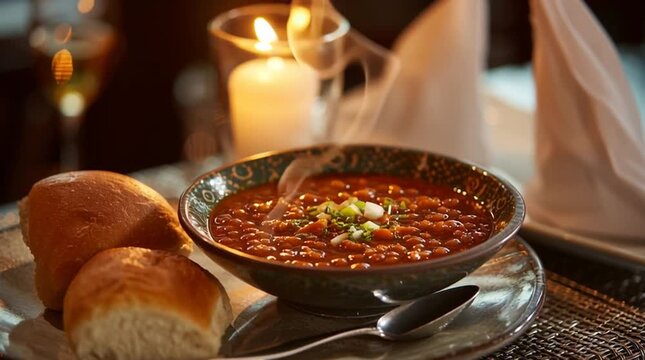 Restaurant-style pav bhaji served in an elegant setting with candlelight glowing softly and white napkins neatly arranged