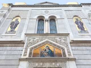 Trieste, Italy - October 14, 2025: Stunning architectural detail of a historic church facade...