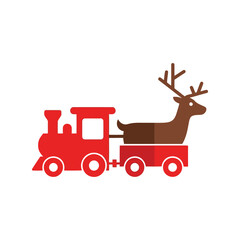 Whimsical red toy train carrying a festive reindeer illustration for holiday seasons vector