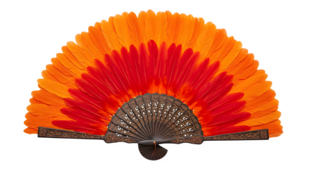 Elegant feather fan with vibrant orange and red plumes, ornate design for cultural events, dance performances, or vintage inspired themes