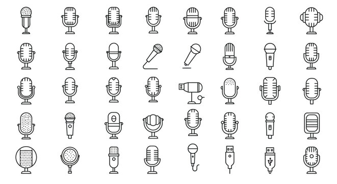 Set of vintage and modern line art microphone icons in various styles