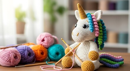 Handmade Crochet Unicorn Toy with Colorful Yarn and Knitting Needles on Wooden Table image photo