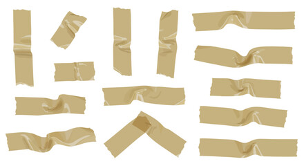 Fototapeta premium Realistic set of wrinkled brown tape pieces on white background