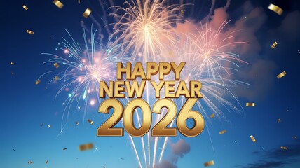 Happy New Year 2026 Golden Text with Fireworks and Falling Confetti in Blue Sky celebration