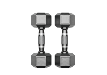 Two heavy dark grey knurled cast iron dumbbells on a transparent studio background with ample copy space, showcasing sharp focus and matte finish, concept of strength and fitness equipment