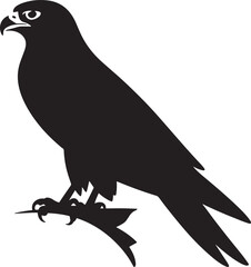 Fototapeta premium Striking Black Silhouette of a Majestic Falcon Perched on a Branch Against a White Backdrop Ideal for Graphic Design and Branding