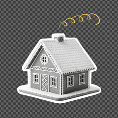 Vintage halftone gingerbread house with snow and golden swirl. Retro Christmas cut out sticker on transparent background. Perfect for holiday cards, posters, winter collages, and festive design.