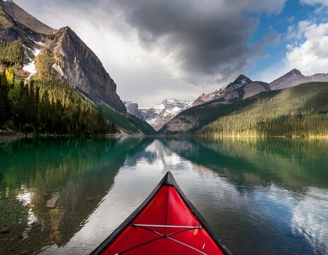 a red canoe sits on a calm lake surrounded by mountains and cloudy sky