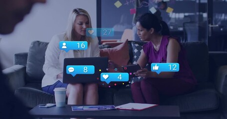 Women opening laptop and tracking growth while likes comments followers animating screen - Powered by Adobe