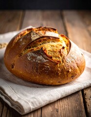 Crusty loaf of bread on a white cloth on a wooden table