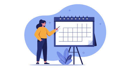 Businesswoman presenting on whiteboard calendar in modern office concept