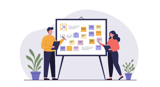 Collaborative team analyzing ideas on project board with notes and charts in modern office setting