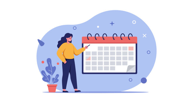 Woman planning schedule with large calendar in digital art style - Powered by Adobe
