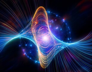 artistic visualization of quantum physics with glowing quantum particles and dynamic waveforms symbolizing the core principles of quantum theory and quantum fields