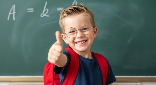 Happy Back to School Portrait of Cheerful Student Wearing Glasses and Red Backpack Smiling in Front of Chalkboard with Math Equations Bright Classroom Lighting Positive Energy Academic Concept