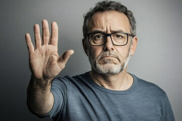 Mature man with a furrowed brow and glasses, raising an open hand, indicating a stop, disapproval, or refusal