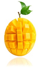 Cubed yellow tropical fruit with green leaves on white background
