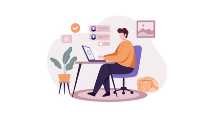 Remote work scene featuring male freelancer at desk with laptop in modern flat design