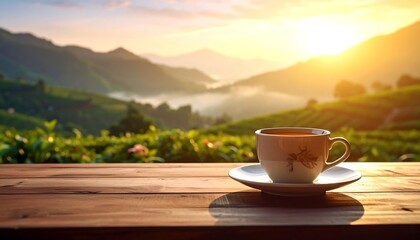 Cup of tea sits on wood tabletop, mountain view at sunrise