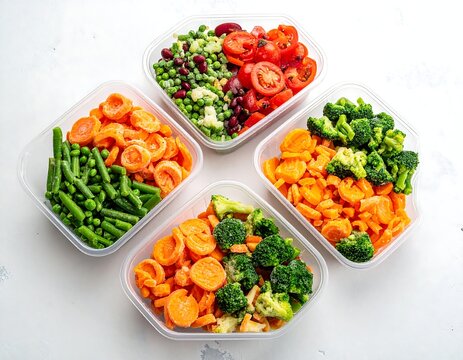 Assortment of fresh, colorful, chopped vegetables in transparent containers
