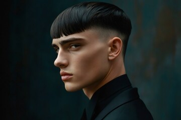 Obraz premium Young man posing, showcasing a stylish haircut with a clean fade. His gaze is engaging, conveying confidence and modern fashion
