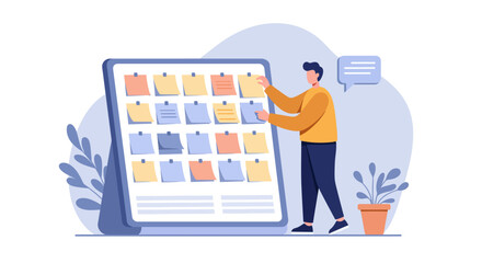 Organized task management with digital sticky notes and planner concept