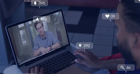 Viewer opening laptop conference host speaking gesturing causing floating marketing metrics icons - Powered by Adobe