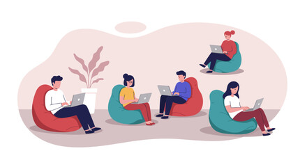 Remote work concept with people on beanbags using laptops in a minimalist workspace