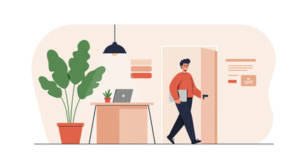 Office worker with laptop exiting modern home office space