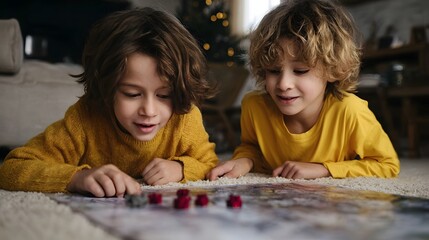 Fototapeta premium Two young boys engrossed in playing a board game on a cozy living room floor