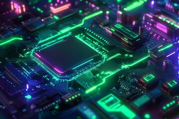 Fototapeta premium Circuit board displaying vibrant neon traces and a central microchip, representing advanced technology and digital information flow